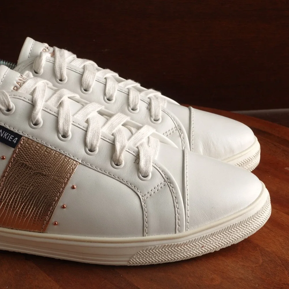 Frankie4 Sneakers Womens SZ 12 White Gold Elena II Leather Classic Casual Shoes